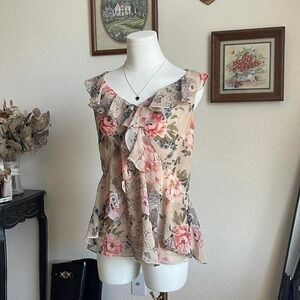 Cristina Floral Ruffle Blouse Womens Medium Tan Pink Vintage Fairycore Top
